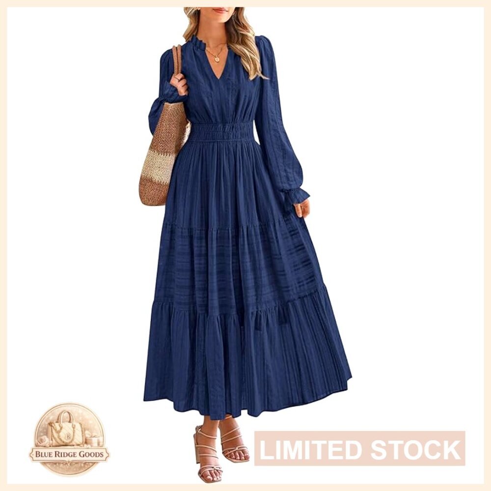 Elegant Maxi Dress Long Sleeve V Neck Flowy Tiered Hem with Pockets